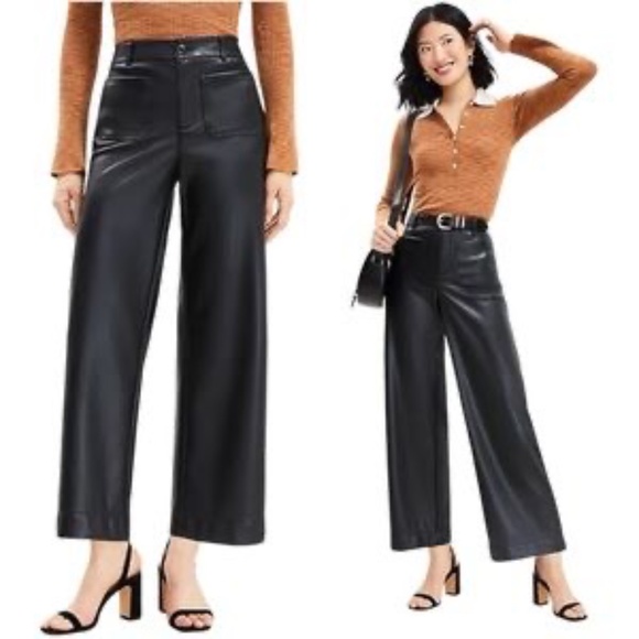 LOFT Palmer Wide Leg Crop Pants in Faux Leather Black 10P - Picture 2 of 11